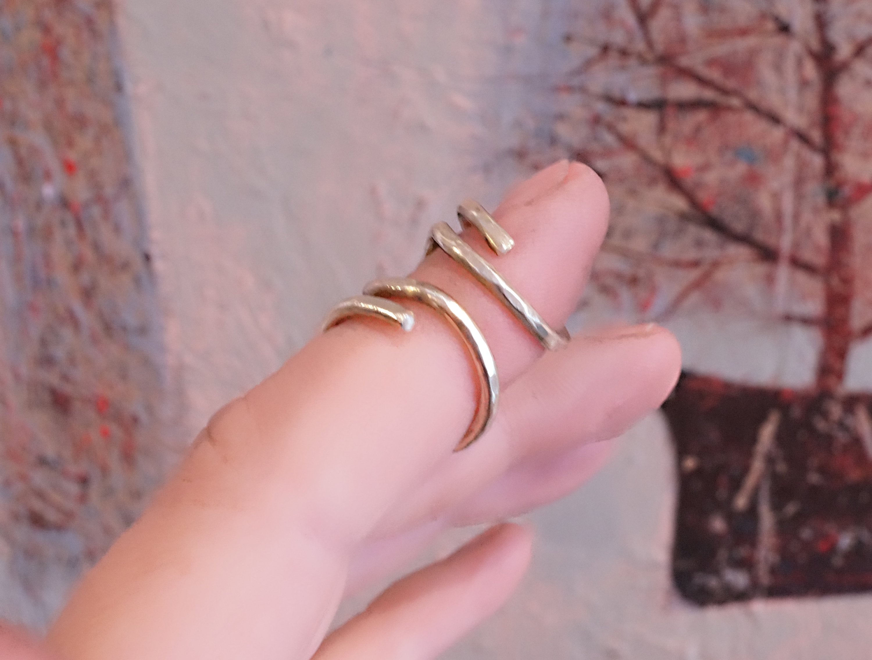 Arthritis finger splint for bending sideways handmade hammered sterling  silver, brass or copper textured ring, EDS, lateral deviation