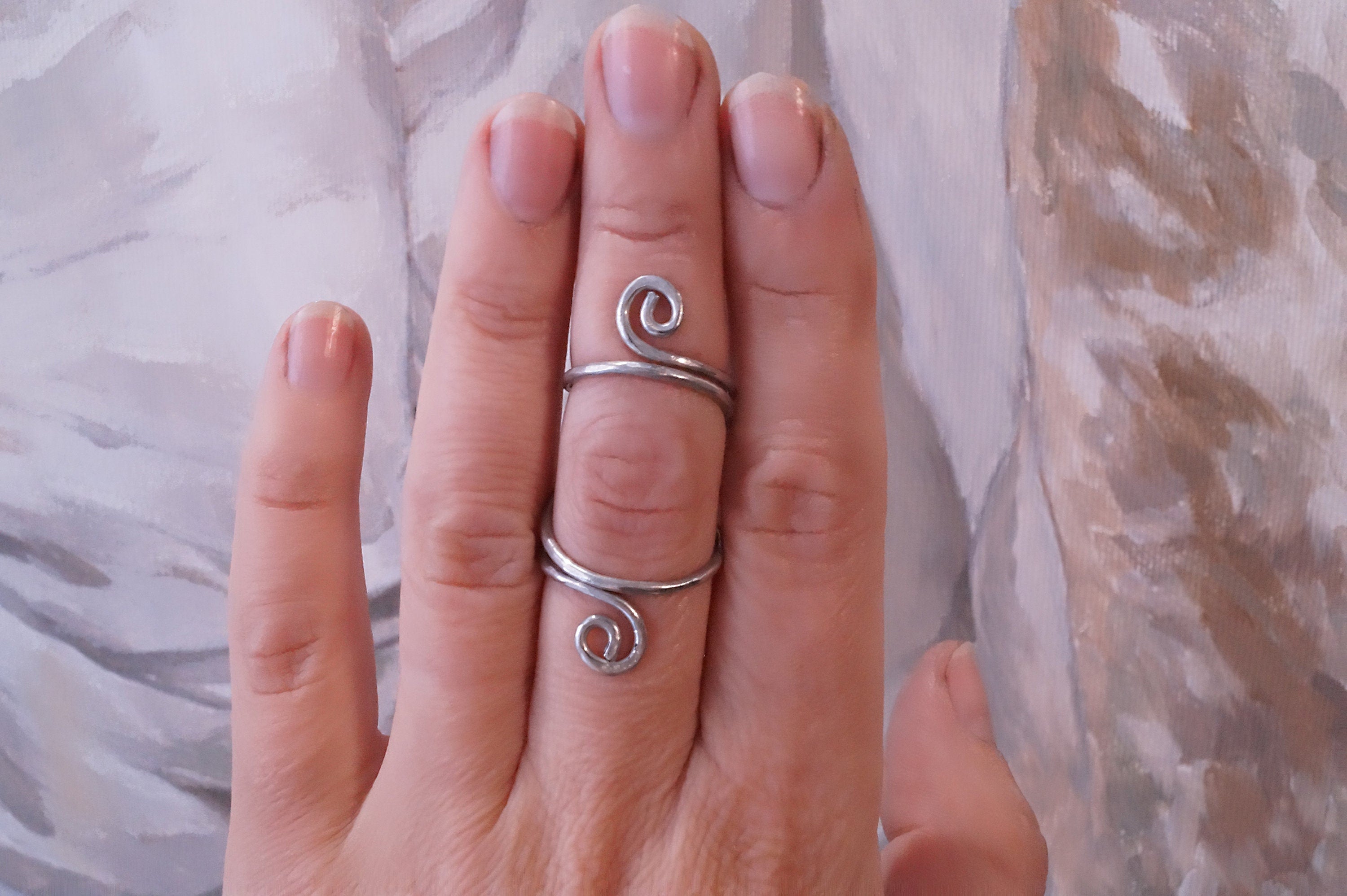 Finger sterling silver 925 splint, light adjustable hammered textured ring