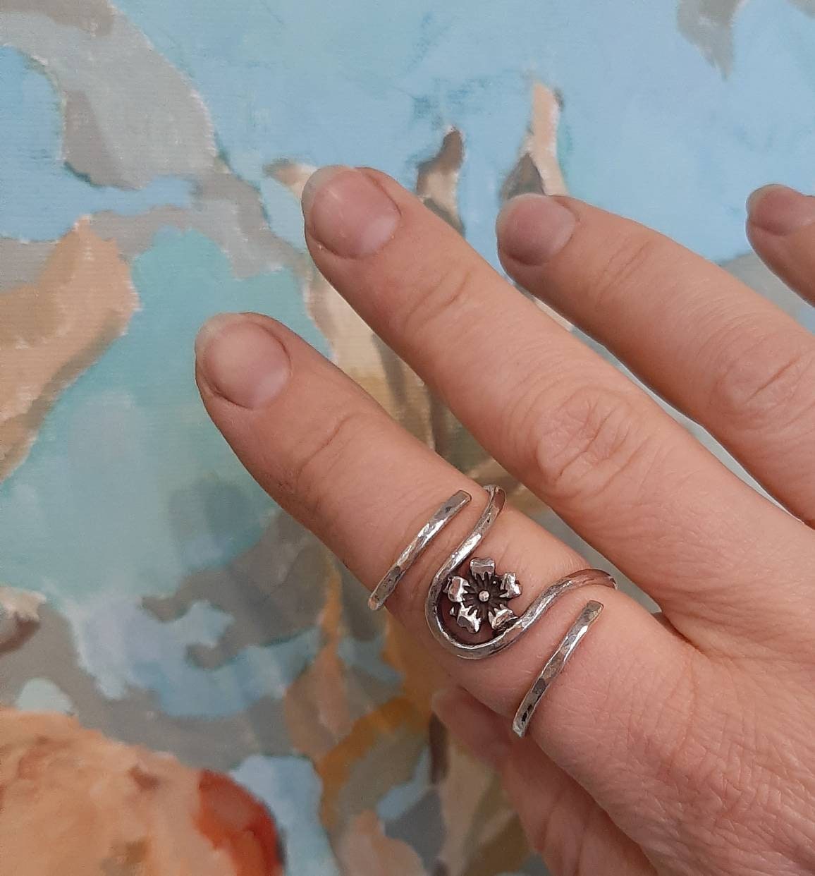Arthritis finger splint with flower, sterling silver 925 adjustable ring