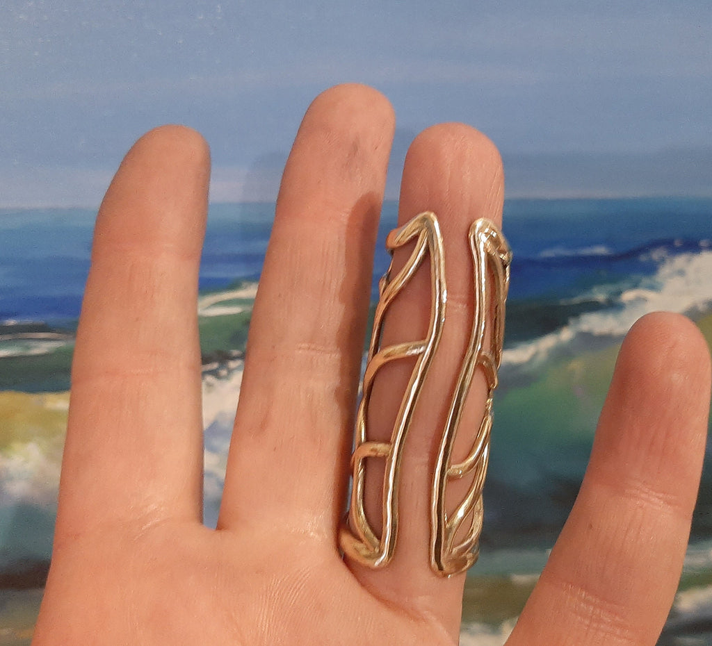 Back view of a bronze full finger splint ring providing support for both finger joints