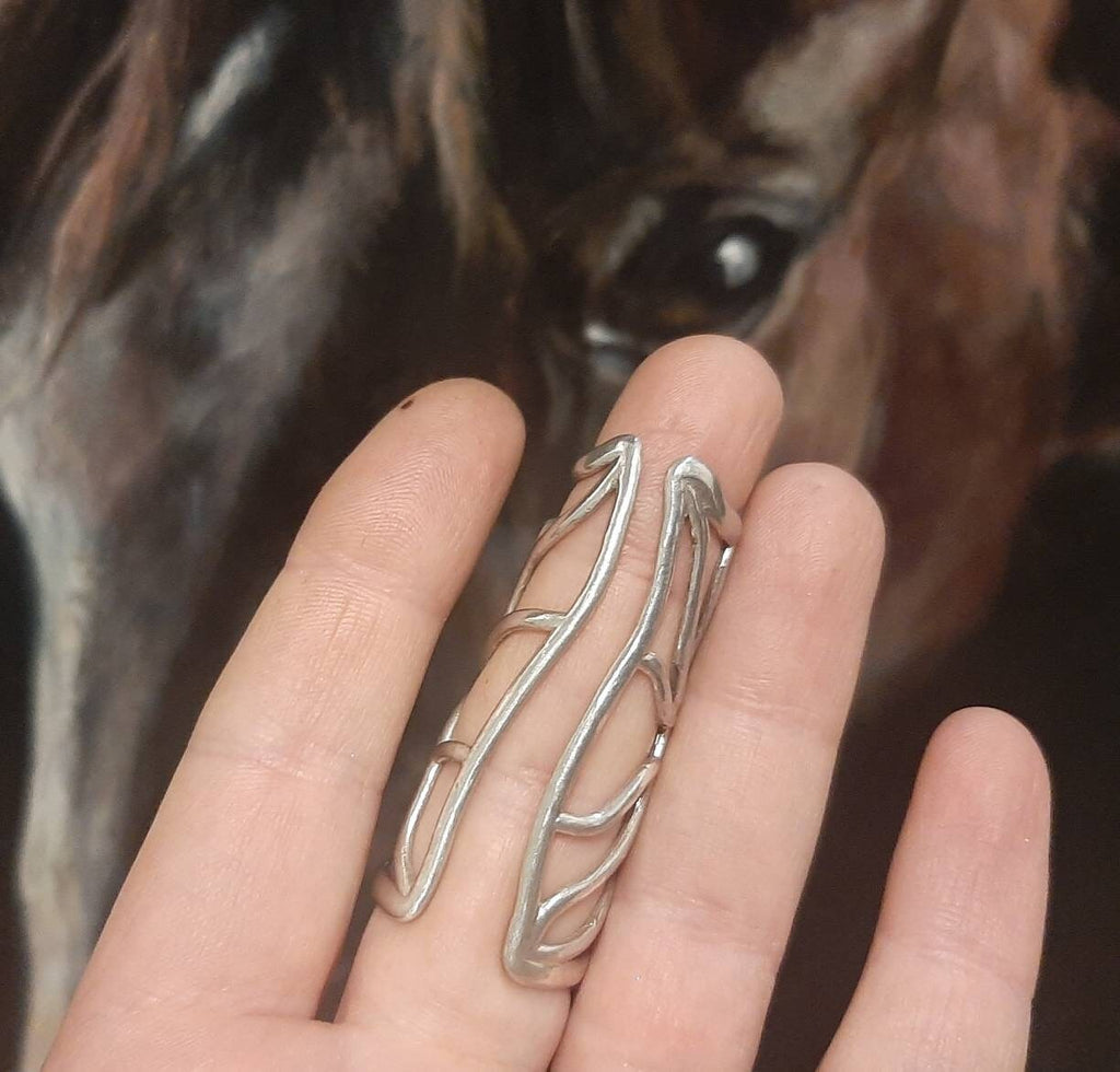 Sterling silver full finger splint ring worn 