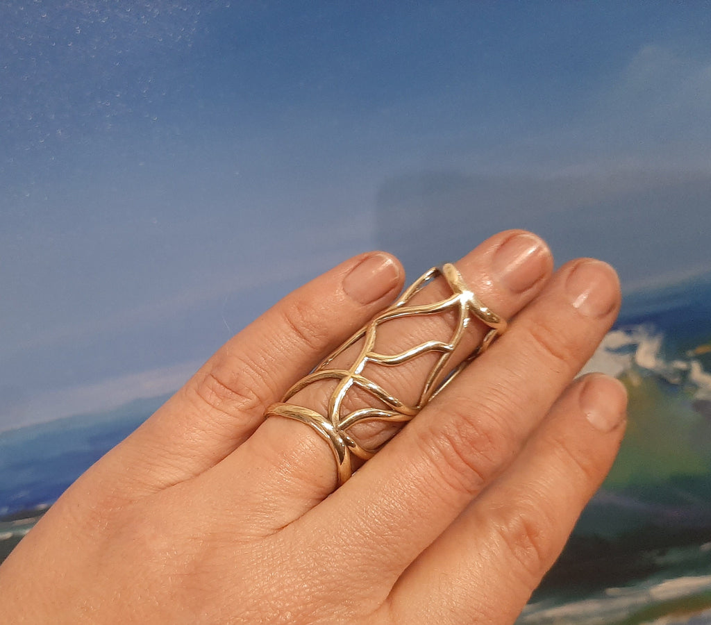Bronze full finger splint ring worn for  support and joint stabilization